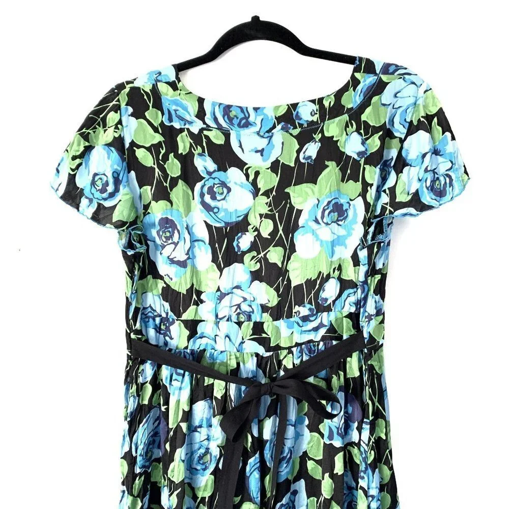 Free People Size 12 Floral Silk Flare Tulle Midi Dress Tie Back V-Neck - Picture 6 of 9